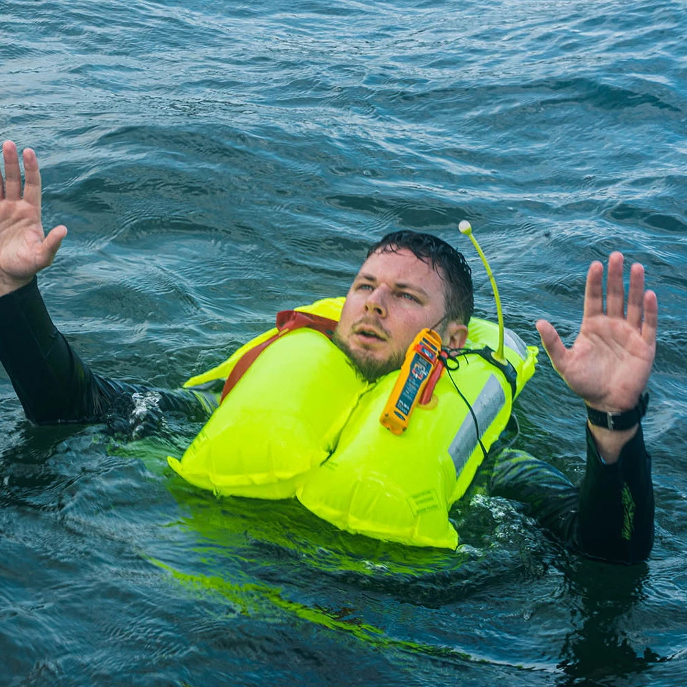 Official demonstration of rescueME PLB3 secured to an inflated lifejacket in the water