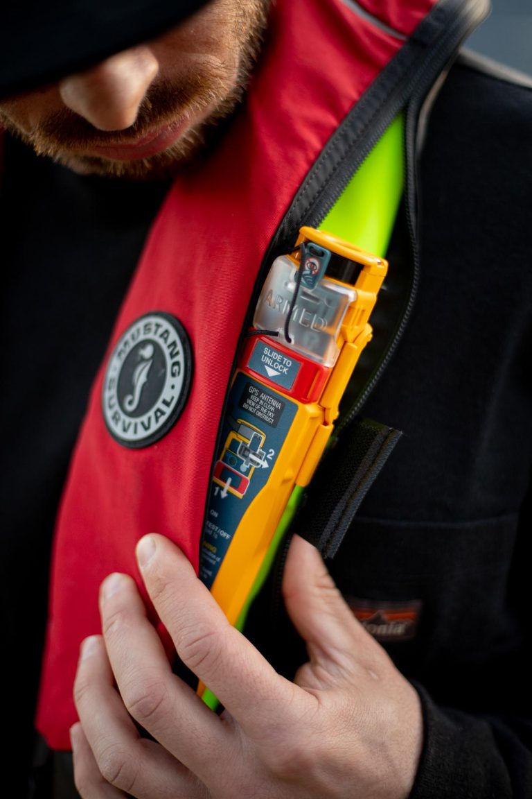 Stay protected at sea with rescueME PLB3 AIS Personal Locator Beacon attached to a lifejacket