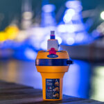 Ocean Signal rescueME EPIRB1 on the dock at night