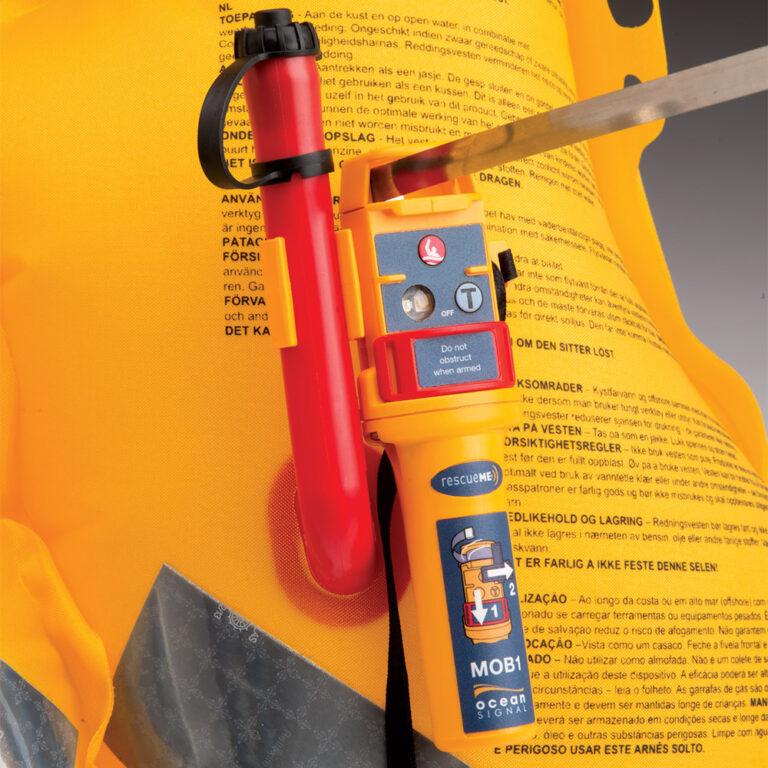 The Ocean Signal rescueMe MOB1 worn in flotation tube activated
