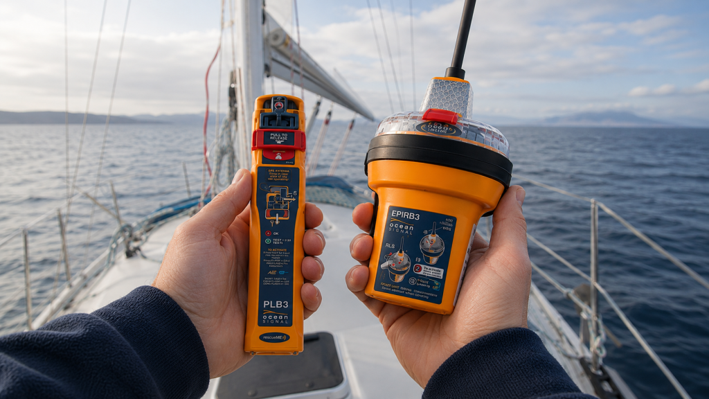 EPIRB Vs PLB Image; EPIRB for the vessel, PLB for the crew
