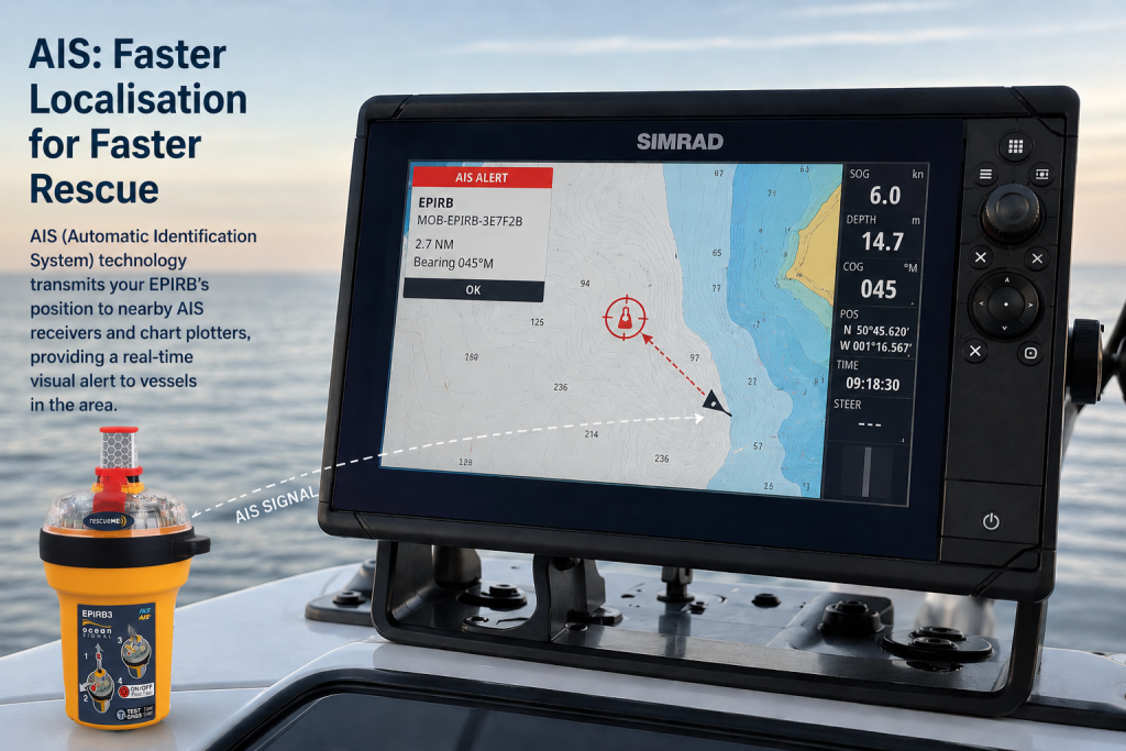 EPIRB s podporou AIS mohou vysílat nouzový signál a polohu GPS přímo na blízká plavidla a mapové plottery vybavené AIS.