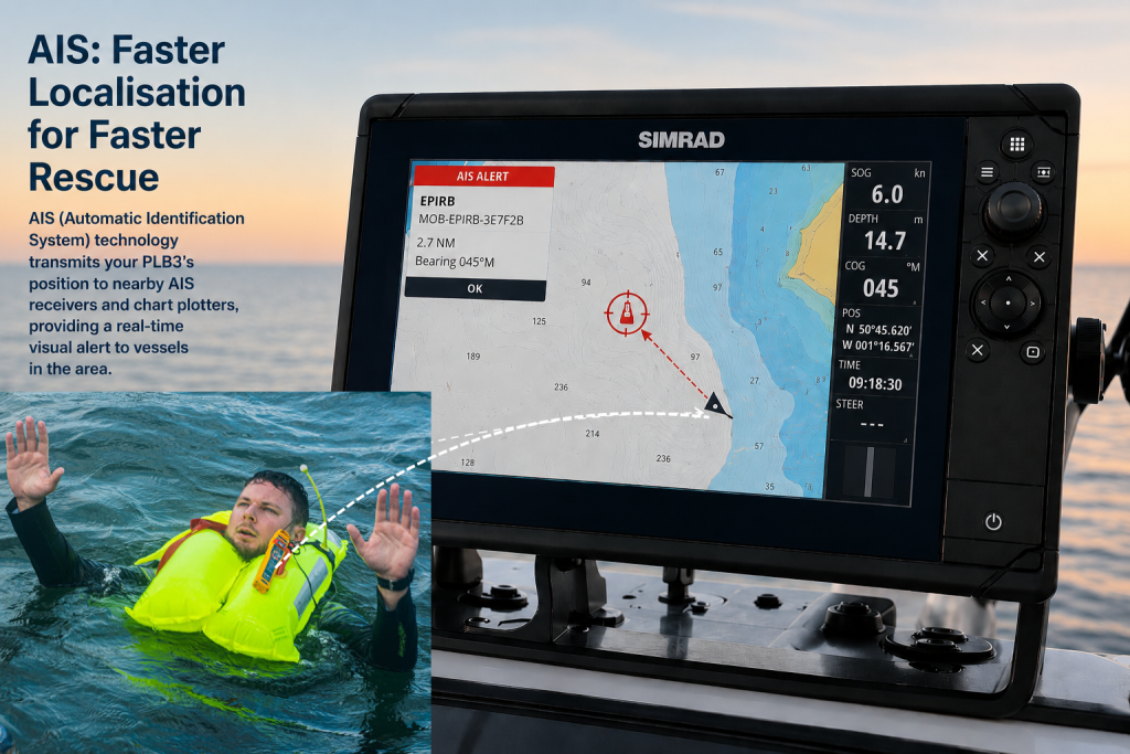 Zeiljacht op zee met een man-over-boord-scenario. Toon PLB3 die AIS verzendt naar de kaartplotter / het AIS-display van het jacht, waarbij een nabijgelegen vaartuig de melding ook ontvangt.