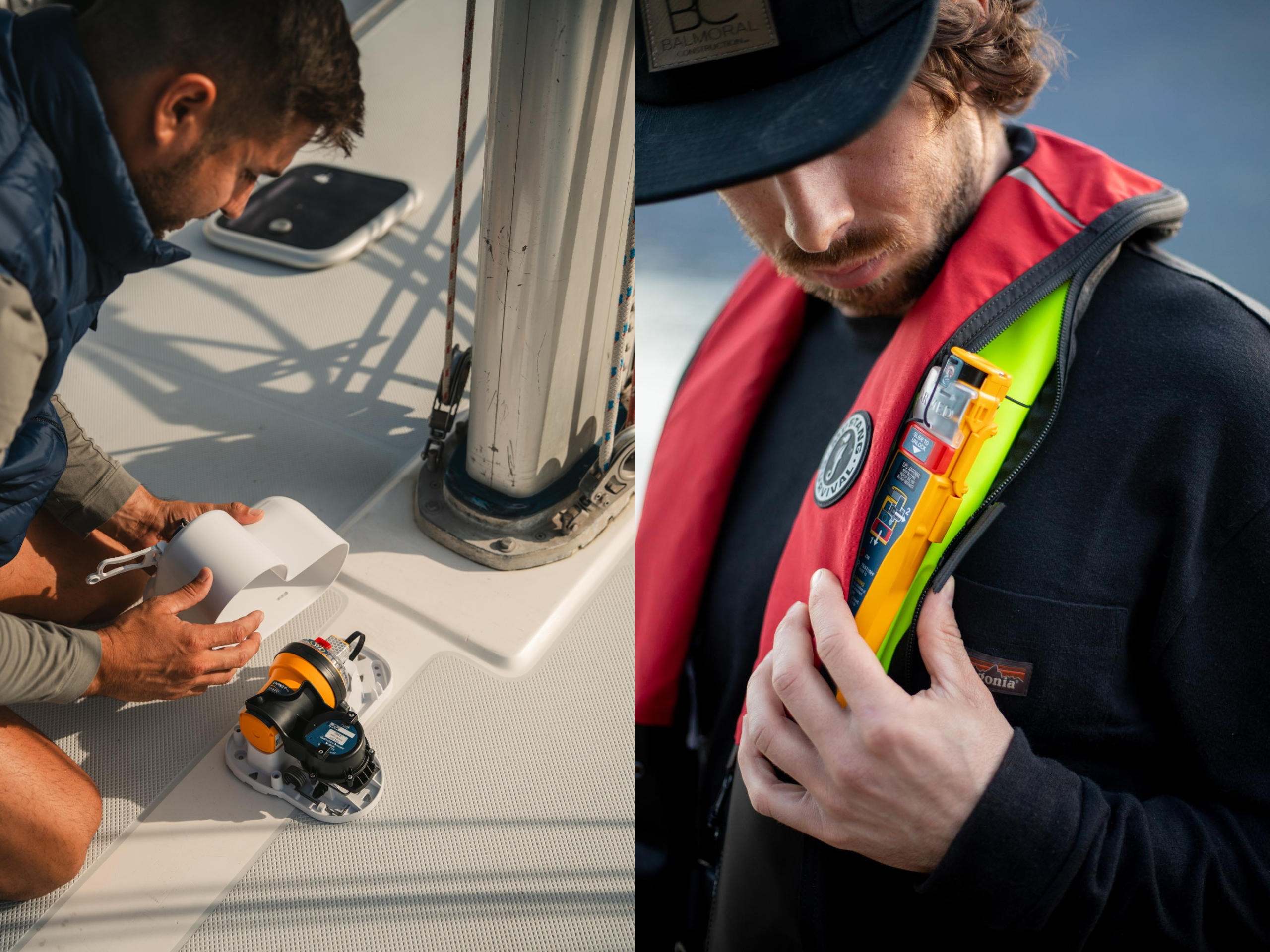 Ocean Signal Personal Locator Beacon gedragen door een watersporter met een reddingsvest