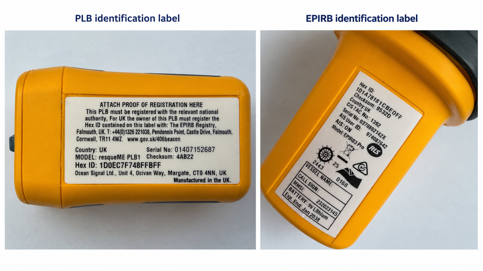 Voorbeelden van 406 MHz-bakenlabels met Hex ID, serienummer en identificatie-informatie op een Ocean Signal EPIRB en PLB