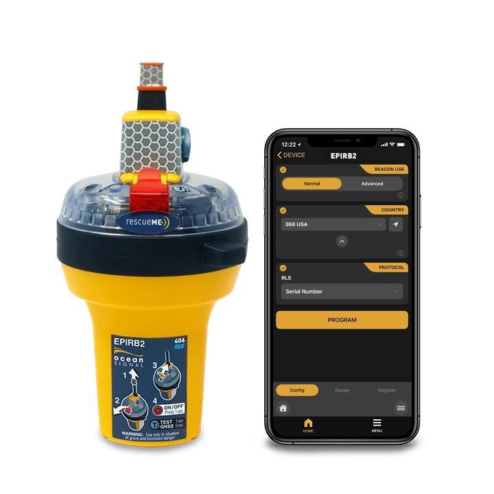 Ocean Signal rescueME EPIRB2 naast het officiële app-scherm met land-, protocol- en identificatie-instellingen met de Program-knop