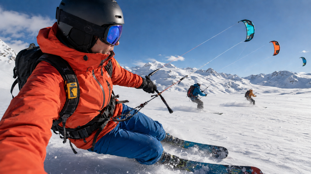 Illustration of three alpine snowkiters carrying a rescueME PLB1, representing a verified snowkiting rescue