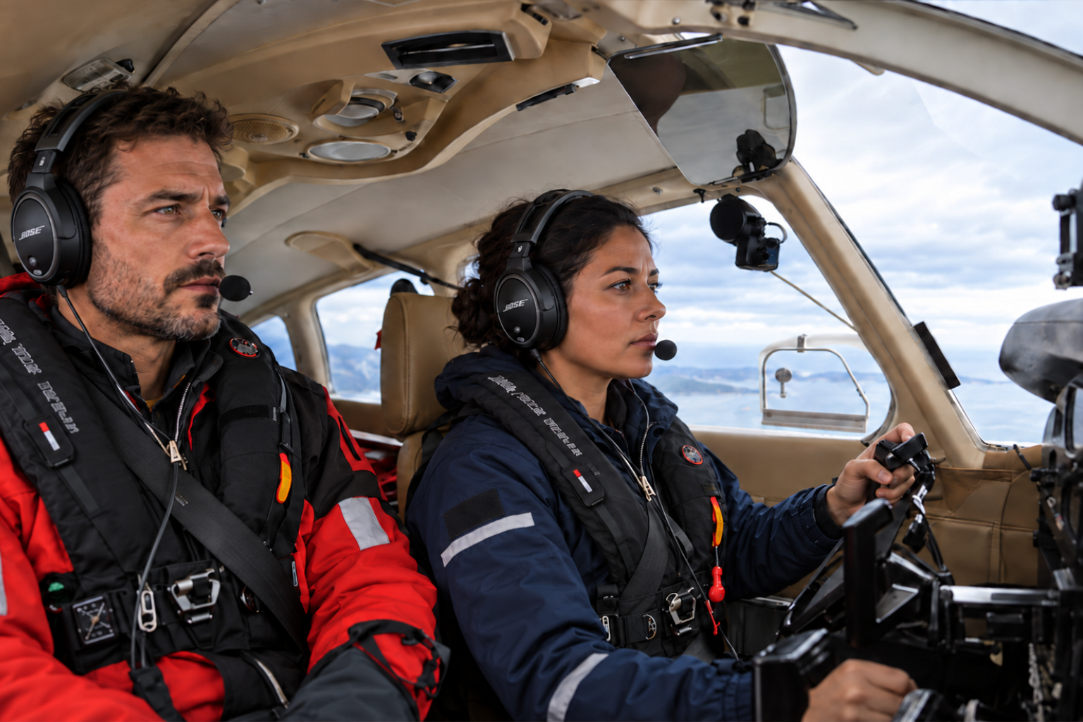 Two pilots wearing lifejackets in a light-aircraft cockpit