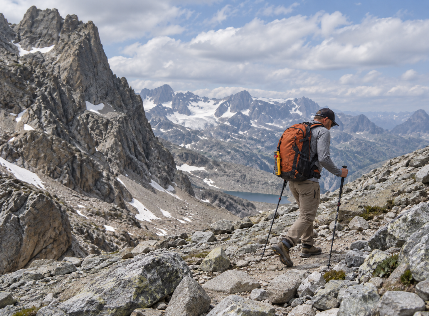 Hiker in alpine terrain with a rescueME PLB3 attached to an orange backpack